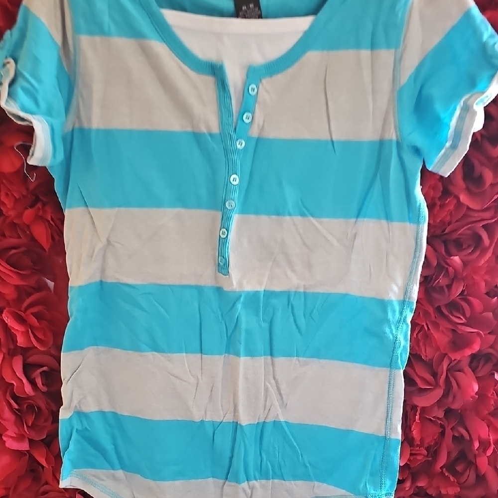 Planet Gold Girls Striped Shirt - Blue/Grey/White Size XLarge